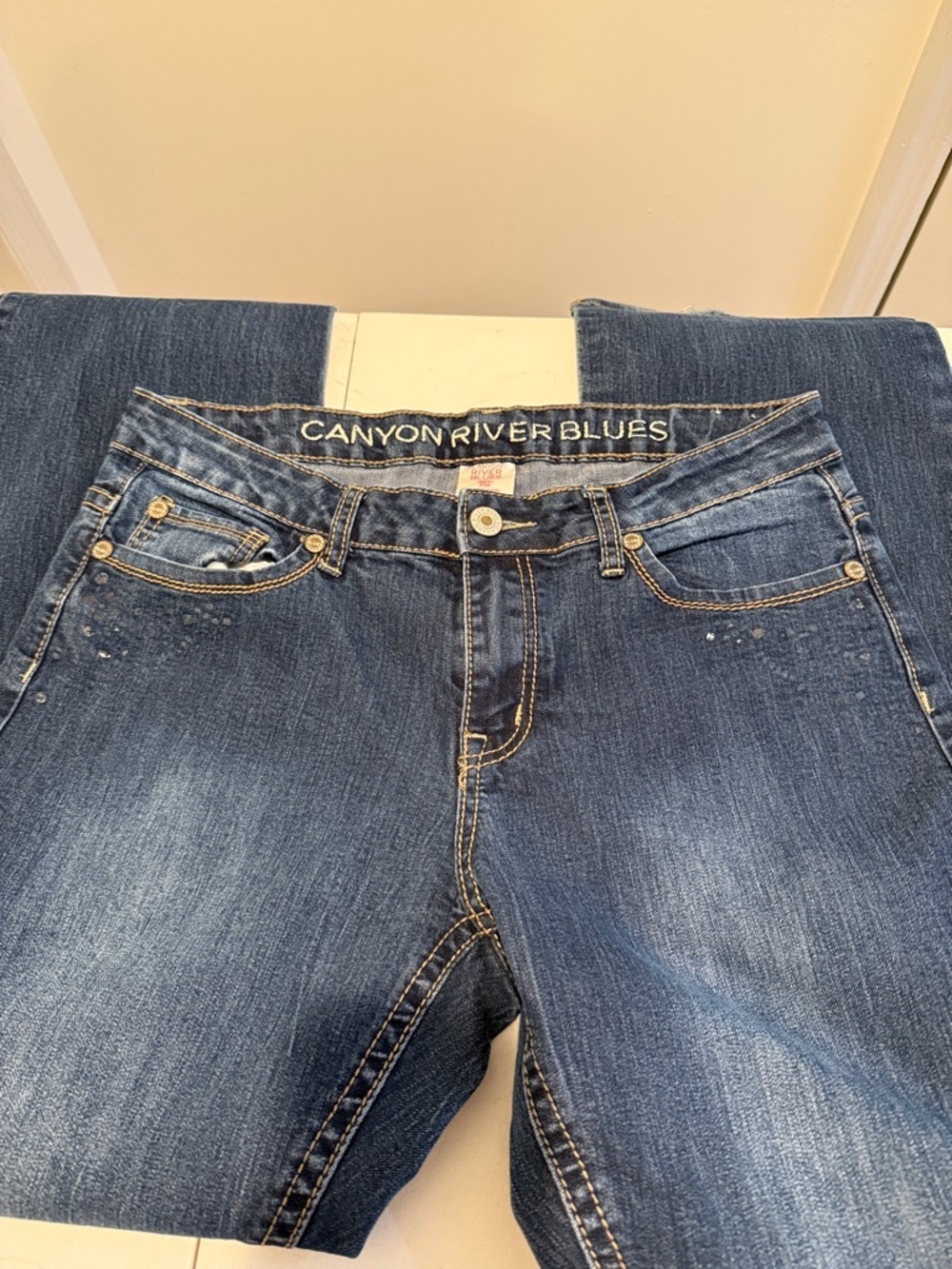 Y2K Bling front Pockets Boot Cut Jeans Dark Blue Wash Embroidered 12 Stretch